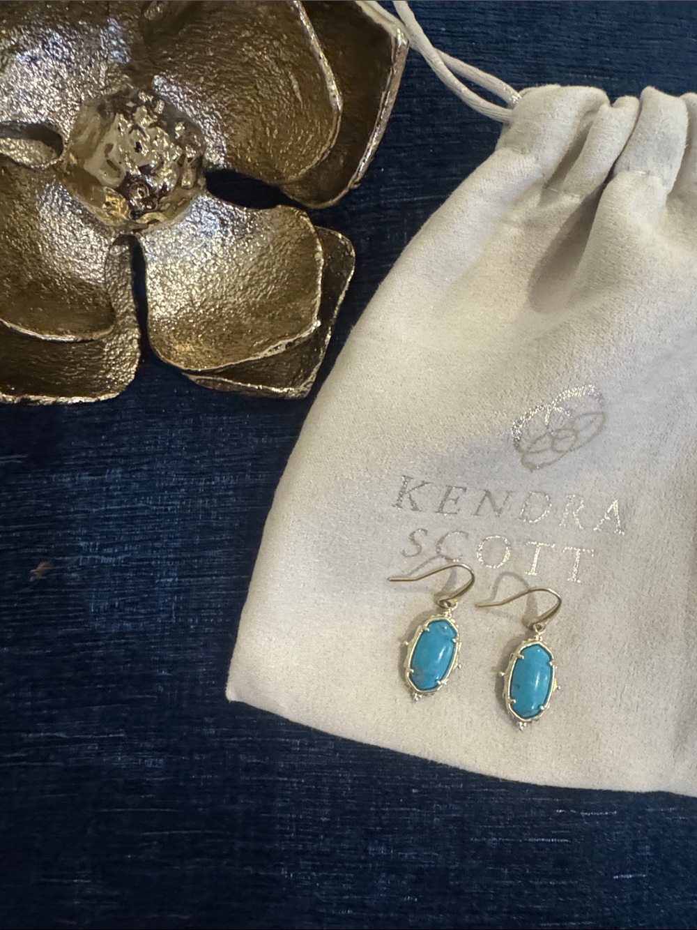 Kendra Scott Blue Oval Drop Earrings in Gold Tone New